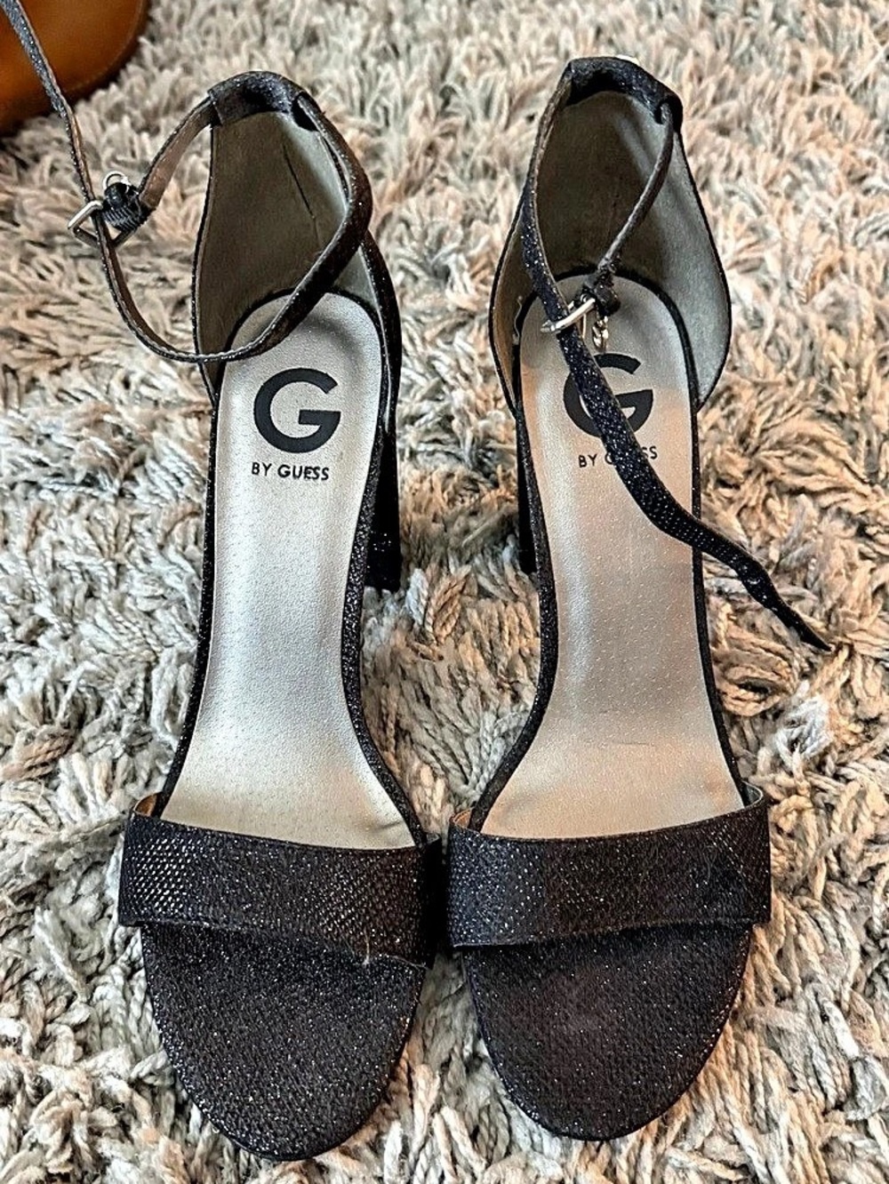 G by Guess Black Glitter Ankle Strap Heels